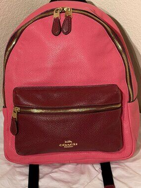 Coach Colorblock Pebbled Leather Backpack Pink Burgundy Gold Hardware